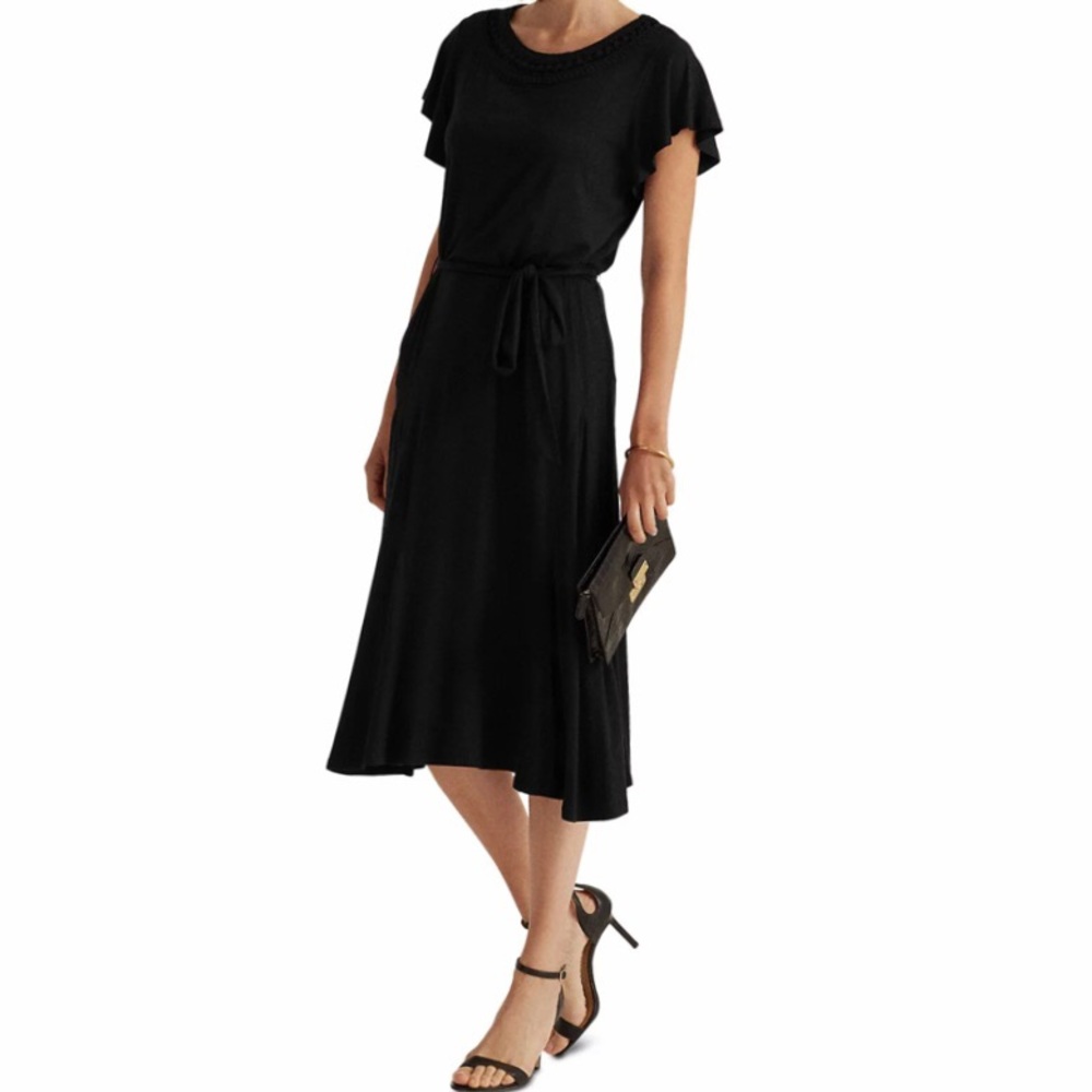 Lauren Ralph Lauren • 1X • Solid Black Flutter Sleeve Cutout Round Neck Midi